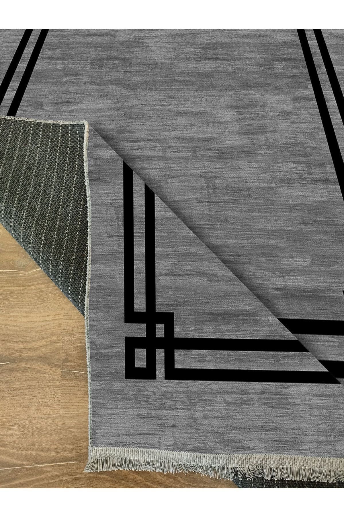 Halı Vagonu 2064 Siyah Çerçeve Desenli Yıkanabilir Kaymaz Salon Halısı, Koridor Ve Mutfak Halısı