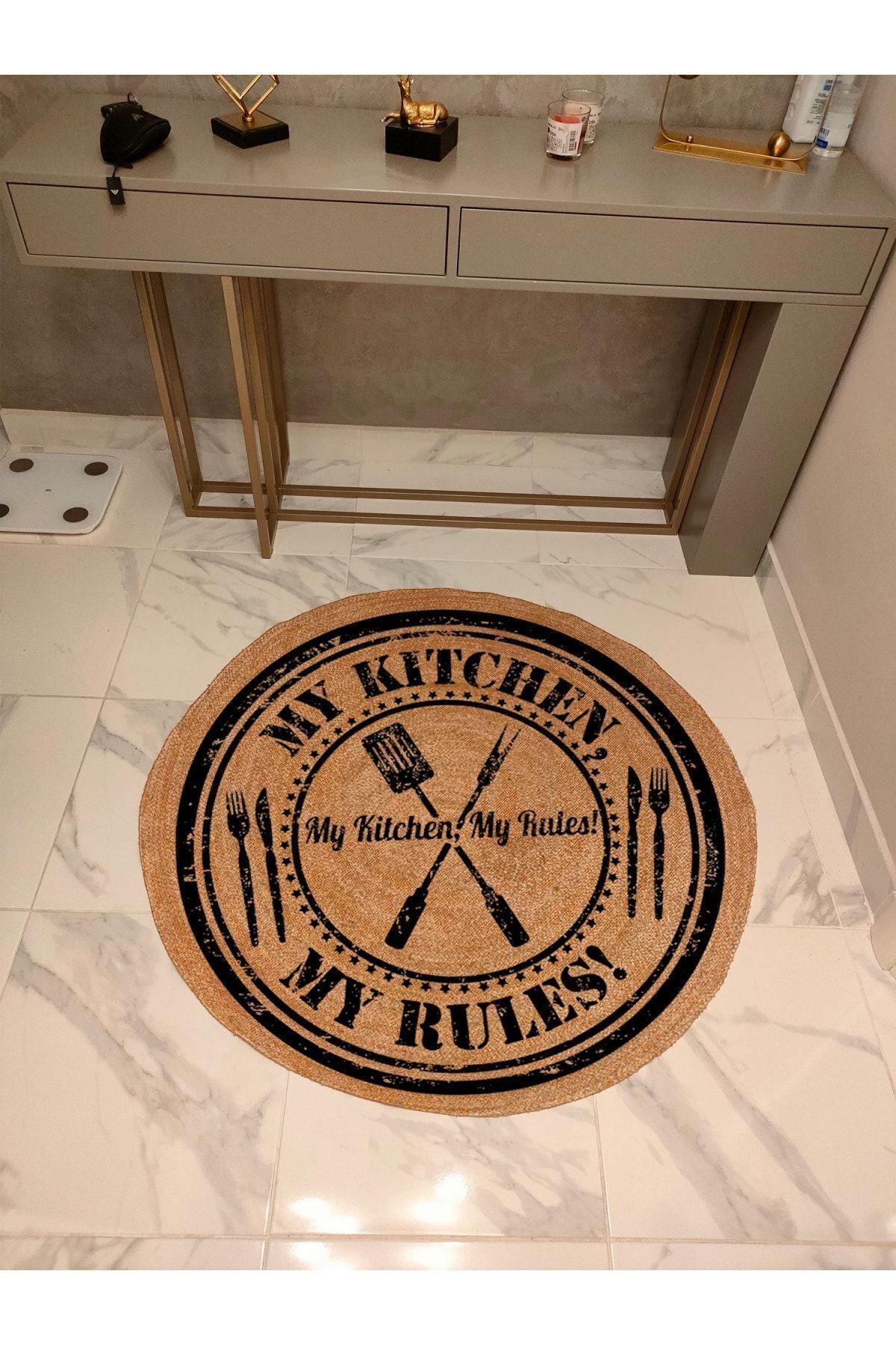 Boho 936 Jüt Doğa Iplik Ile Üretilmiş My Kıchen Desenli Yuvarlak Natural Renk Çift Taraflı Halı