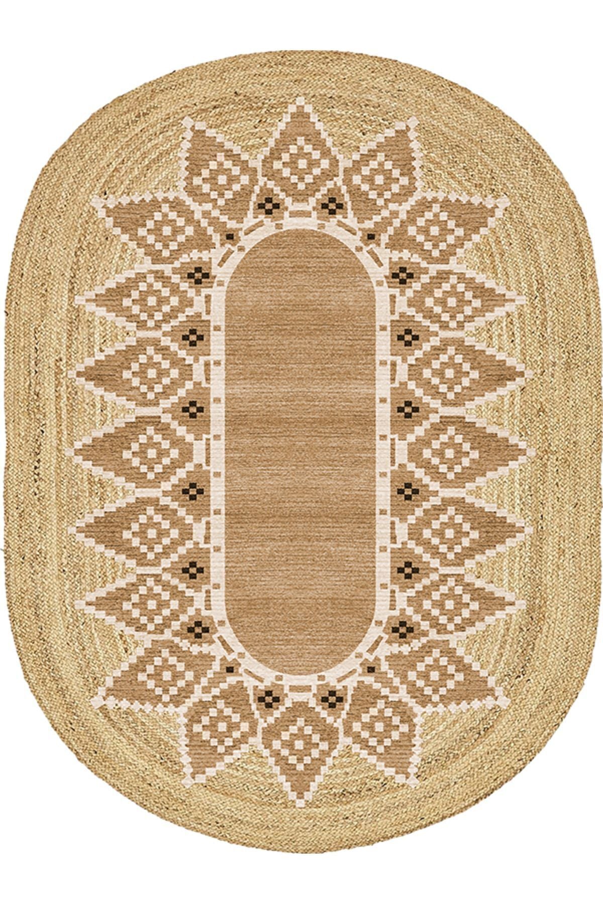 Boho 980 Jüt Hasır Etnik Desenli Oval Jüt Örme Doğal Hasır Natural Oval Halı