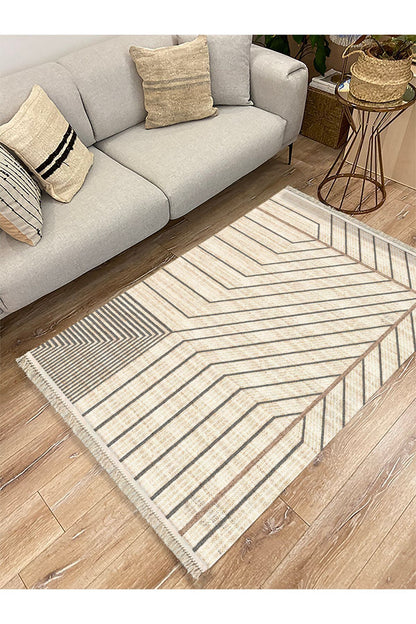 Cotton Kilim 38 Doğal Jut Renklı Giometrik Modern Desenli Dekoratif Yıkanabilen Dokuma Taban Kilim