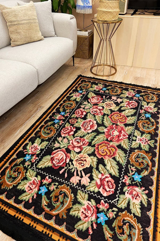 Halı Vagonu 2010 Siyah Ve Sarı Tonlarında Bordürlü Geometrik Desen Kaymaz Taban Dekoratif Halı