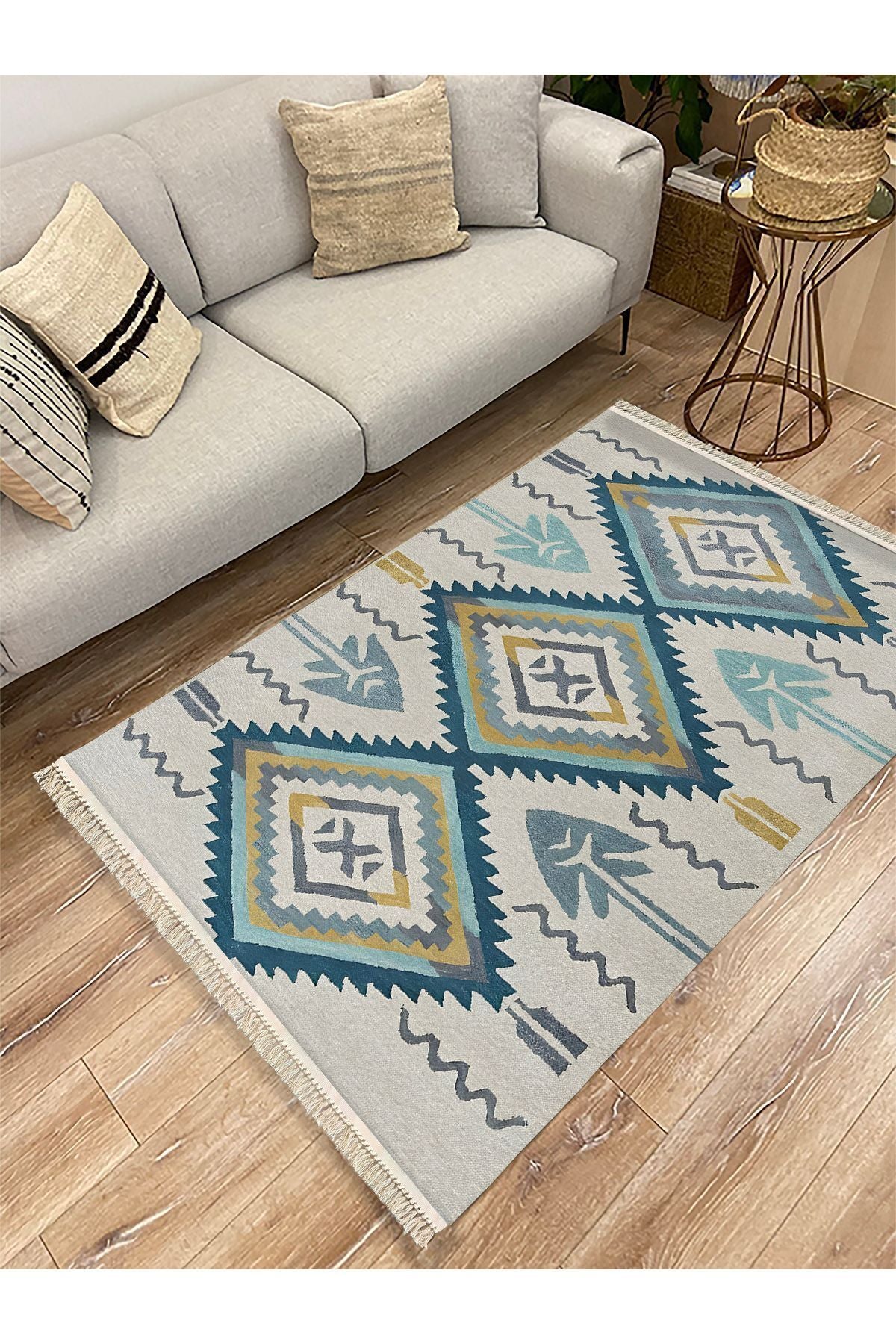 Cotton Kilim 12 Krem Zeminli Çizgili Desenli Dekoratif Yıkanabilen Dokuma Taban Kilim