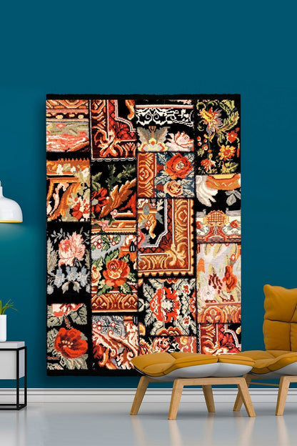 Halı Vagonu 2007 Siyah Ve Multy Tonlarında Desen Kaymaz Taban Dekoratif Halı