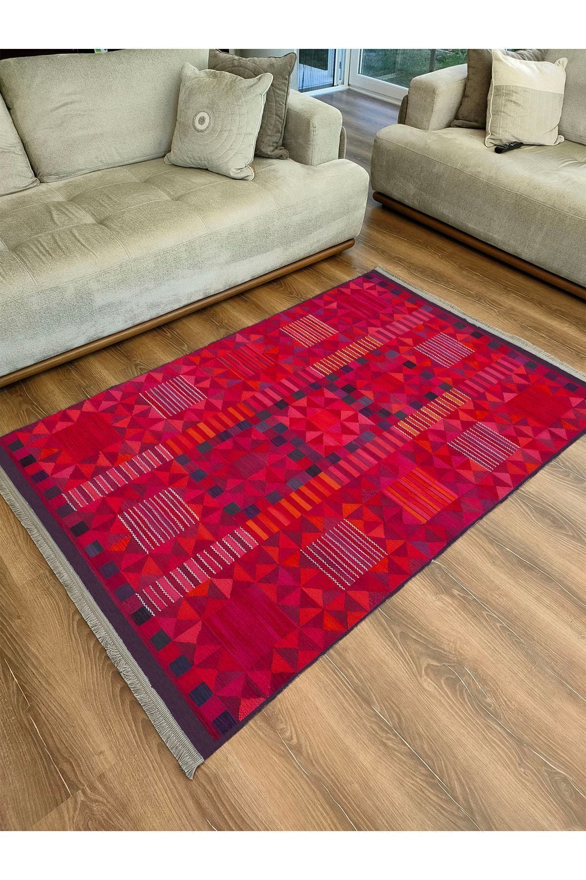 Halı Vagonu 119 Etnik Otantik Kırmızı Tonda Dekoratif Salon Halısı Saçaklı Yıkanabilen Halı