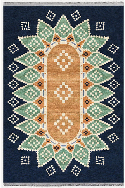 Halı Vagonu114 Mavi Tonlarında Klasık Dekoratif Kilim Salon Halısı Saçaklı Yıkanabilen Halı