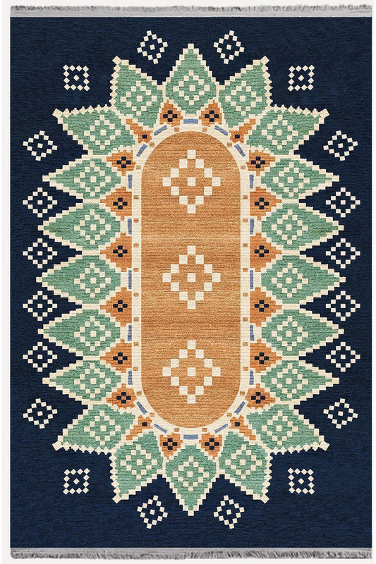 Halı Vagonu114 Mavi Tonlarında Klasık Dekoratif Kilim Salon Halısı Saçaklı Yıkanabilen Halı