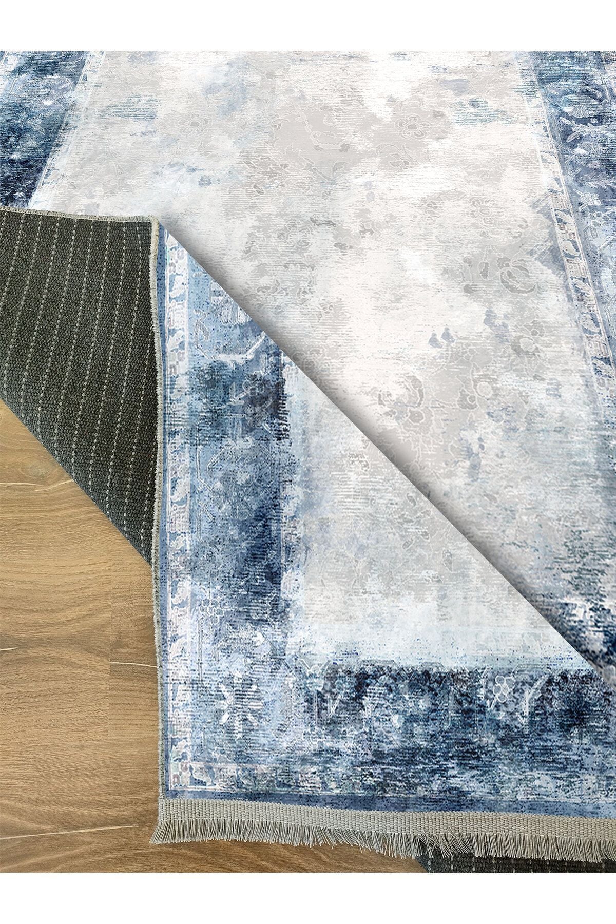 Halı Vagonu 2068 Mavi Çerçeve Desenli Yıkanabilir Kaymaz Salon Halısı, Koridor Ve Mutfak Halısı