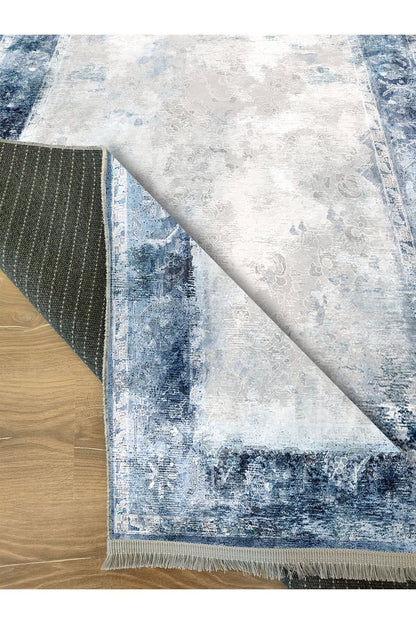 Halı Vagonu 2068 Mavi Çerçeve Desenli Yıkanabilir Kaymaz Salon Halısı, Koridor Ve Mutfak Halısı