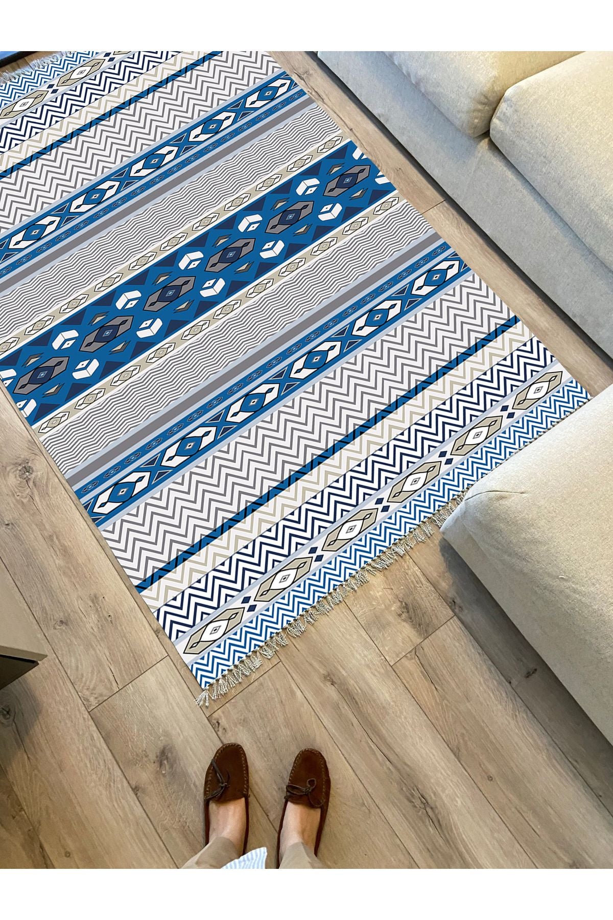 Cotton Kilim 78 Mavi ve beyaz Tonlarında Etnik Bohem Stil Pamuk Taban