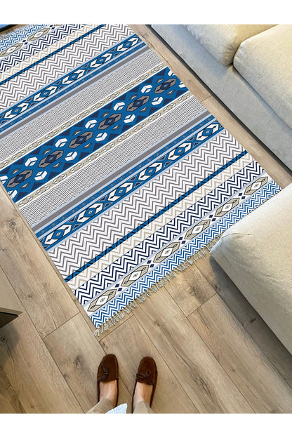 Cotton Kilim 78 Mavi ve beyaz Tonlarında Etnik Bohem Stil Pamuk Taban