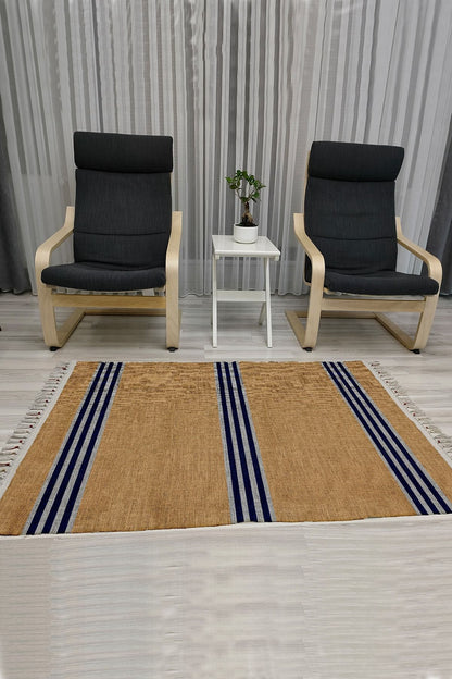 Cotton Serisi Kahverengi Taban Üzerinde Gri Ve Lacivert Ince Bordürlü Dekoratif Dokuma Taban Kilim