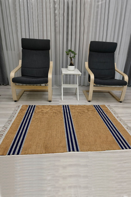 Cotton Serisi Kahverengi Taban Üzerinde Gri Ve Lacivert Ince Bordürlü Dekoratif Dokuma Taban Kilim