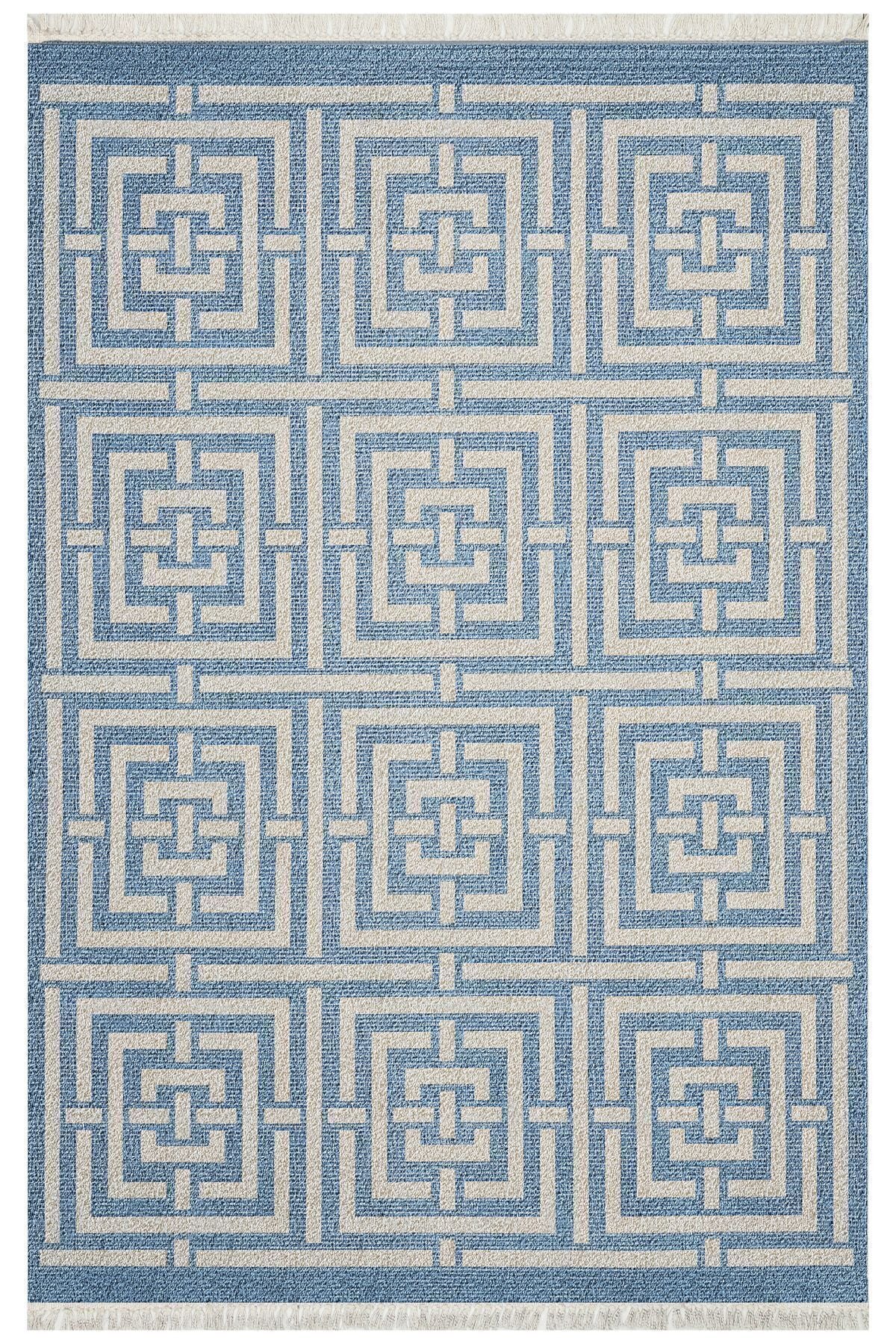 Cotton 83 Etnik Deniz Mavisi Modern Monogram Stil Pamuk Taban Kilim 083