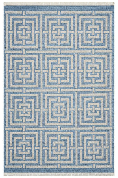 Cotton 83 Etnik Deniz Mavisi Modern Monogram Stil Pamuk Taban Kilim 083