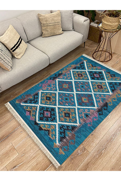 Cotton Kilim 60 Mavi Geleneksel Motifler Modern Dekoratif Saçaklı Yıkanabilen Dokuma Kilim