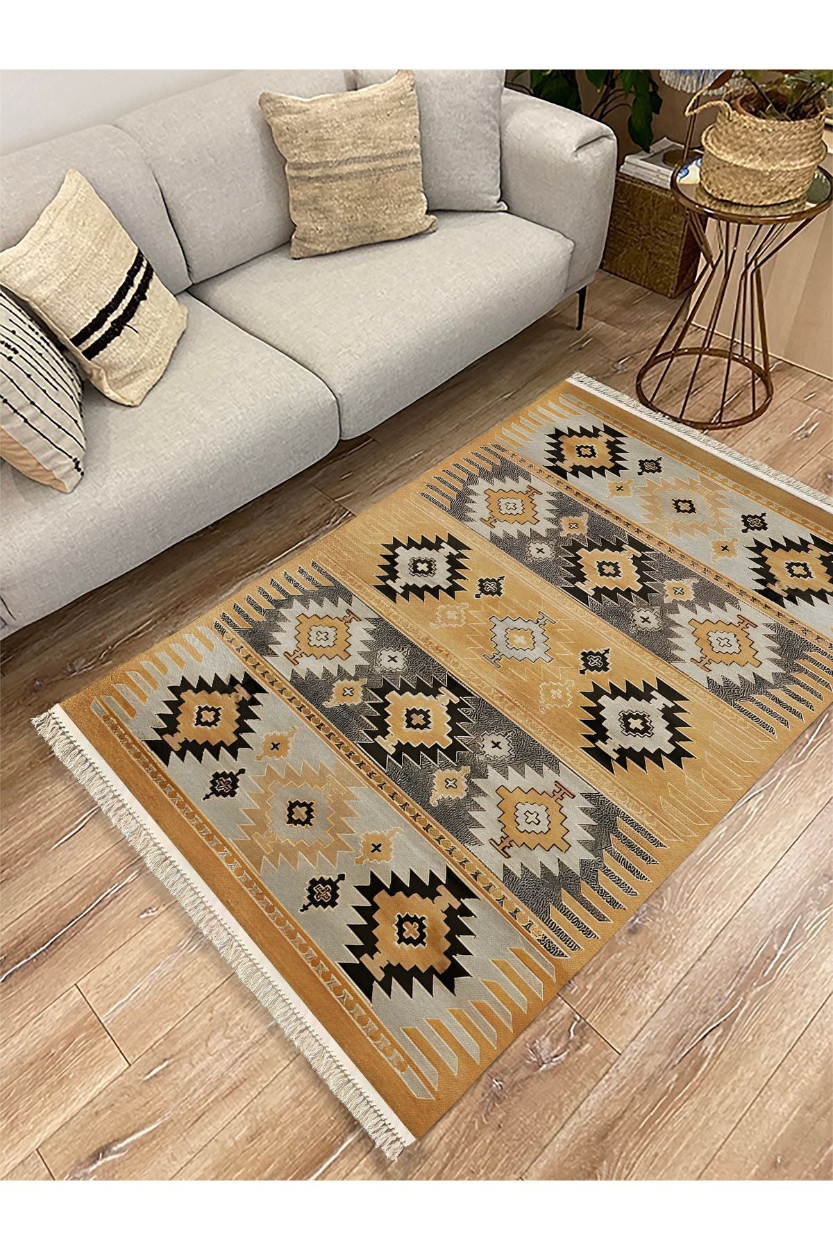 Cotton Kilim 4 Hardal Tonunda Geometrik Desenli Dekoratif Yıkanabilen Dokuma Taban Kilim