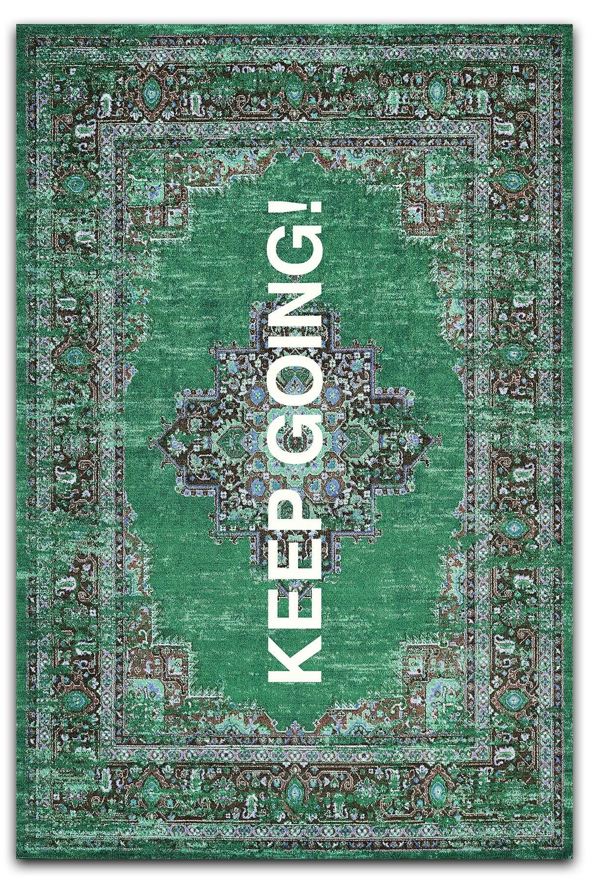 Halı Vagonu 185 Keep Going Yazılı Yeşil Etnik Vintage Dokuma Taban Halı