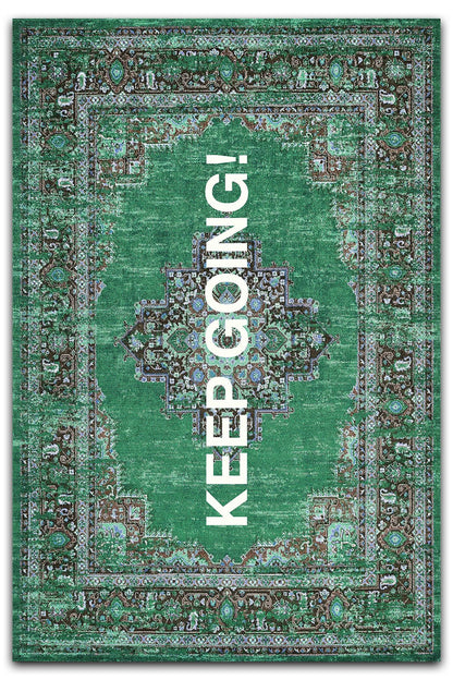 Halı Vagonu 185 Keep Going Yazılı Yeşil Etnik Vintage Dokuma Taban Halı