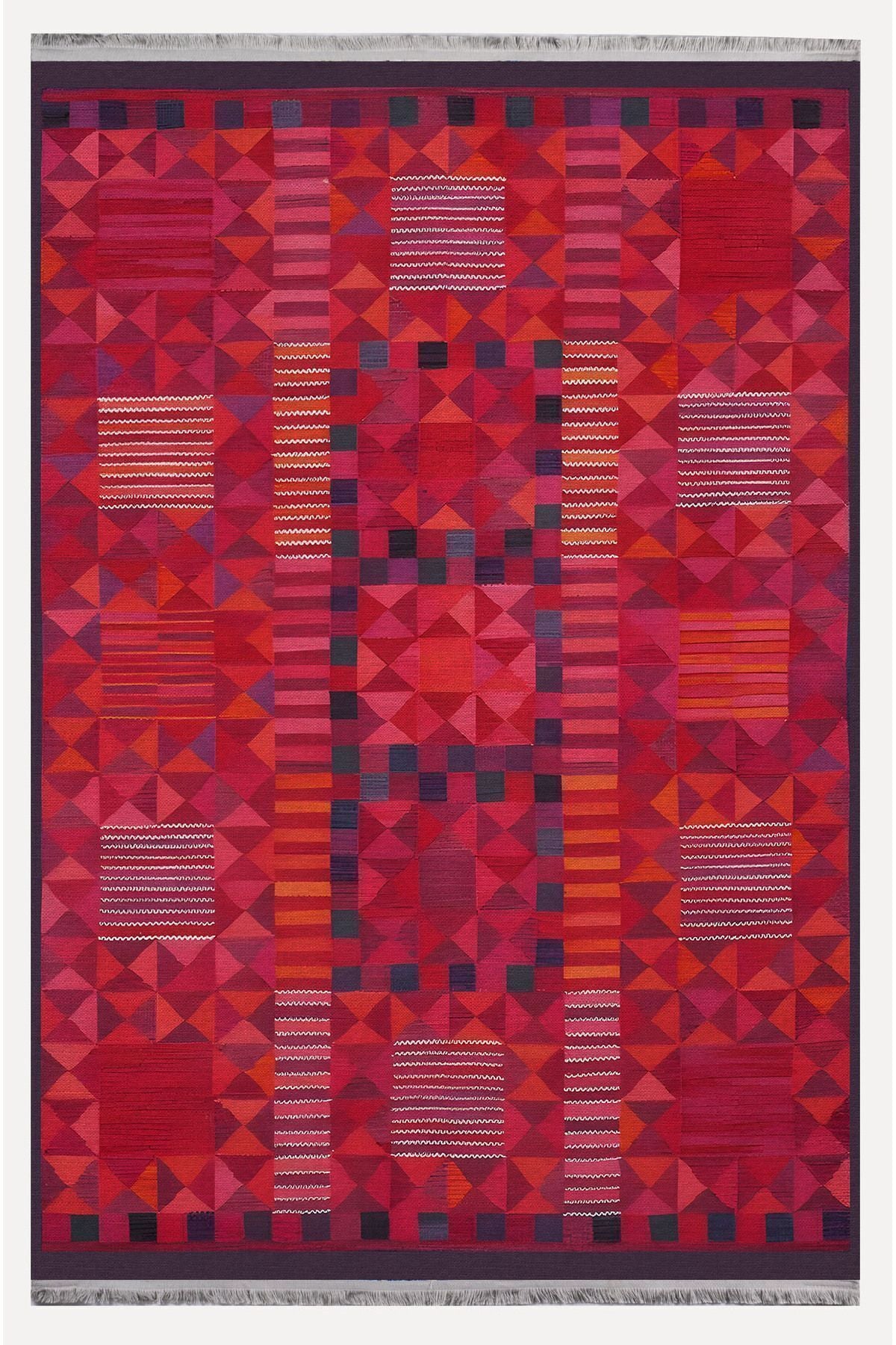 Halı Vagonu 119 Etnik Otantik Kırmızı Tonda Dekoratif Salon Halısı Saçaklı Yıkanabilen Halı