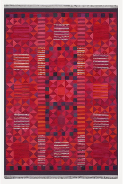 Halı Vagonu 119 Etnik Otantik Kırmızı Tonda Dekoratif Salon Halısı Saçaklı Yıkanabilen Halı