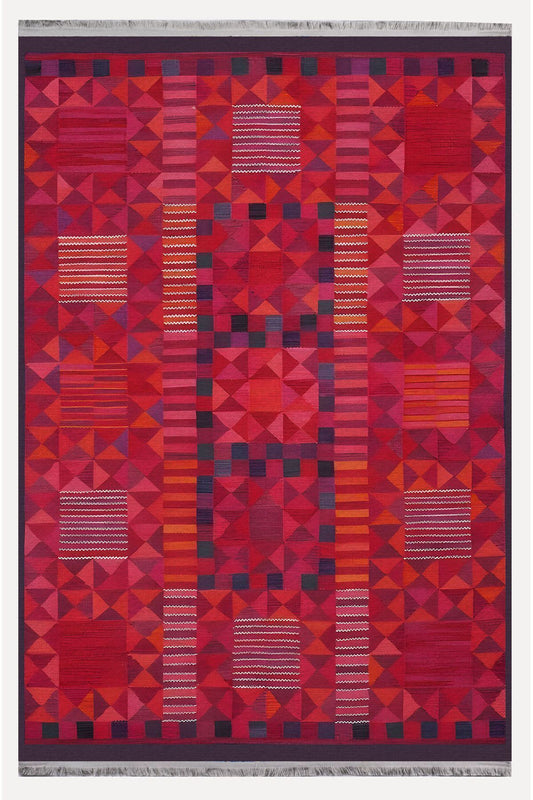 Halı Vagonu 119 Etnik Otantik Kırmızı Tonda Dekoratif Salon Halısı Saçaklı Yıkanabilen Halı