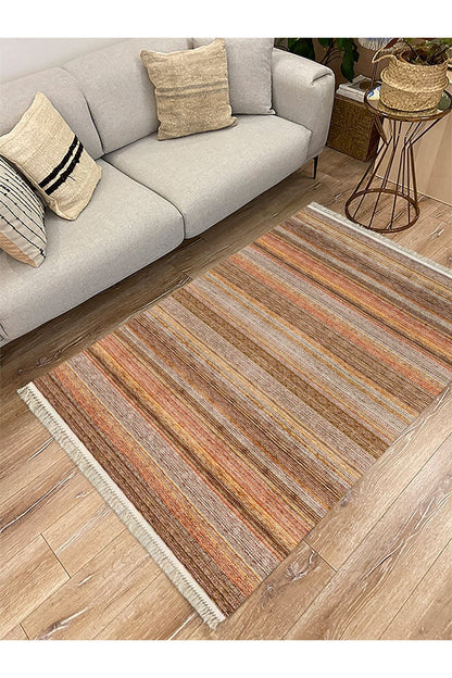 Cotton Serisi Koyu Kahve Tonlarında Mermer Görünümlü Otantik Dekoratif Dokuma Taban Kilim