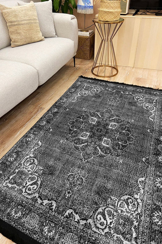 Halı Vagonu 2006 Gri Tonlarında Etnik Desen Kaymaz Taban Dekoratif Halı