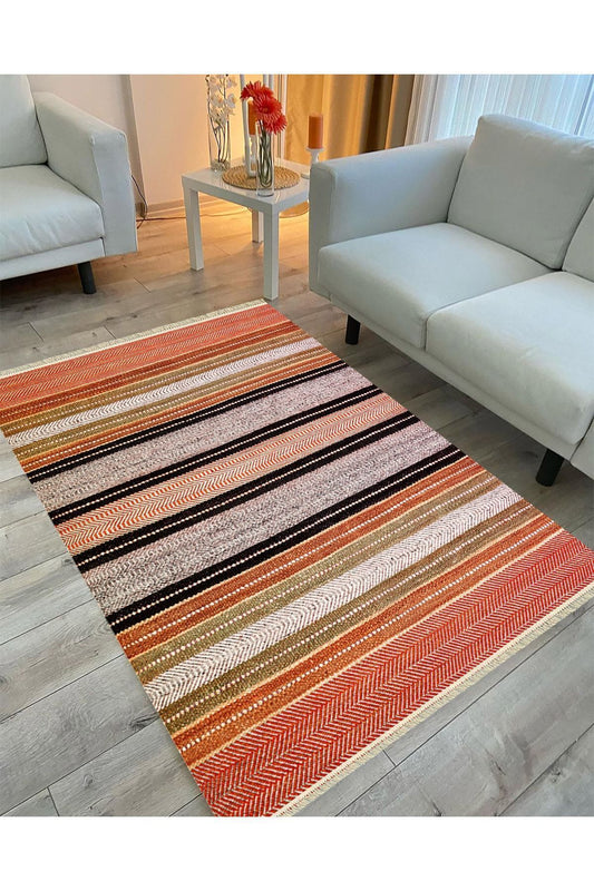 Cotton Serisi Hasır Görümlü Çıtır Düz Çizgili Eskitme Desen Dekoratif Dokuma Taban Kilim