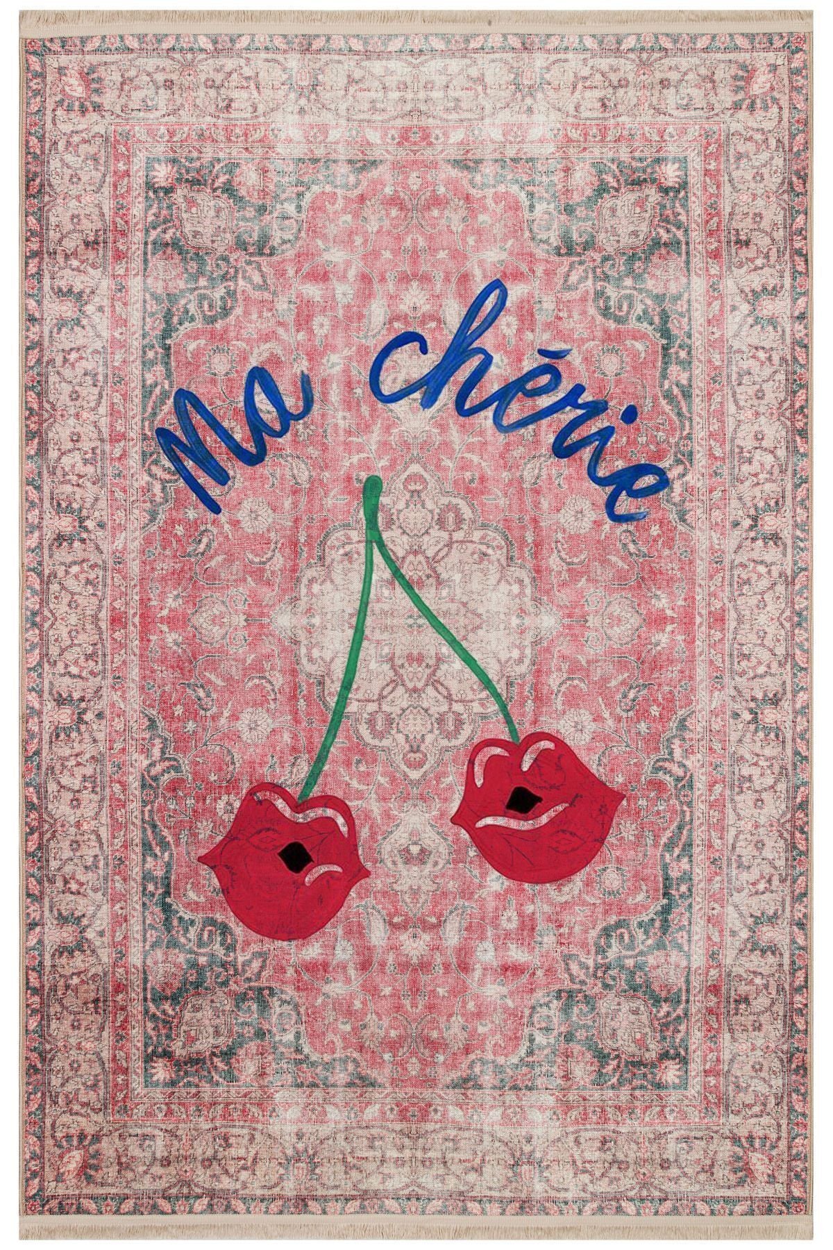 Halı Vagonu 151 Vintage Kırmızı Ma Cherie Yazılı Kiraz Tema  Dokuma Taban Halı