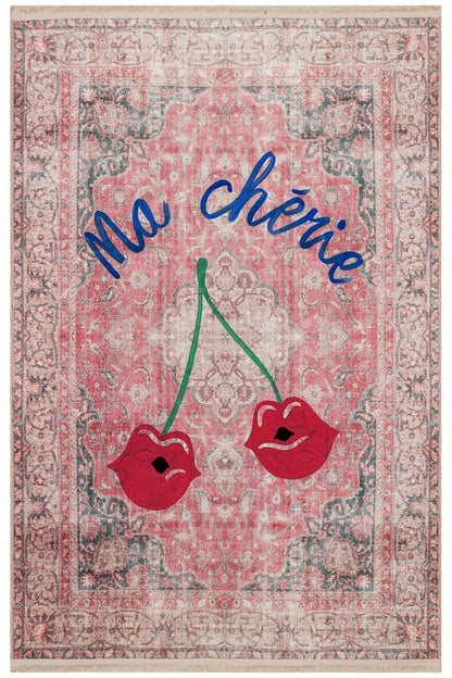 Halı Vagonu 151 Vintage Kırmızı Ma Cherie Yazılı Kiraz Tema  Dokuma Taban Halı