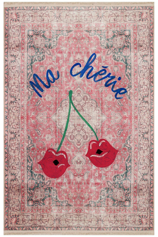 Halı Vagonu 151 Vintage Kırmızı Ma Cherie Yazılı Kiraz Tema  Dokuma Taban Halı