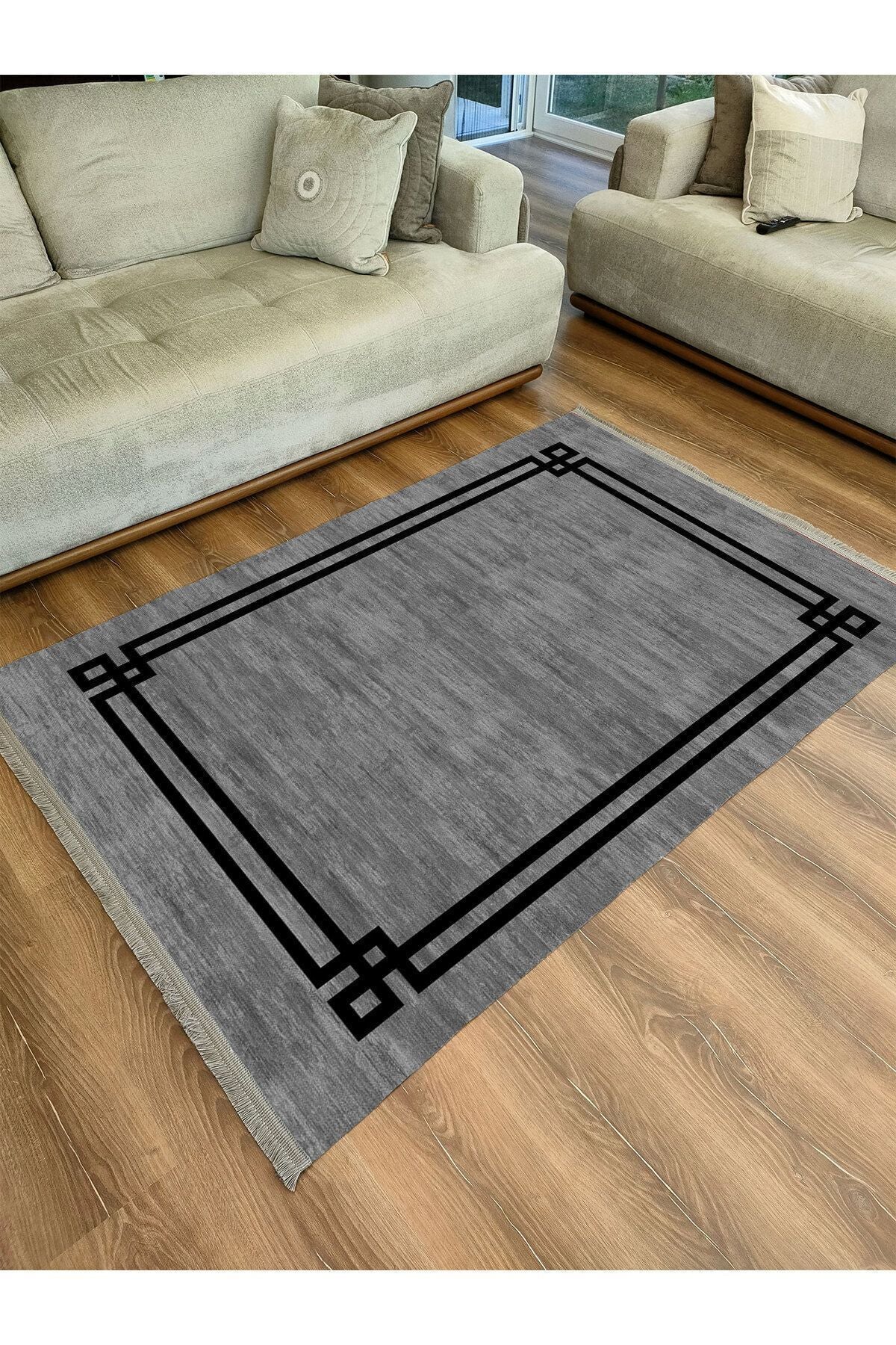 Halı Vagonu 2064 Siyah Çerçeve Desenli Yıkanabilir Kaymaz Salon Halısı, Koridor Ve Mutfak Halısı