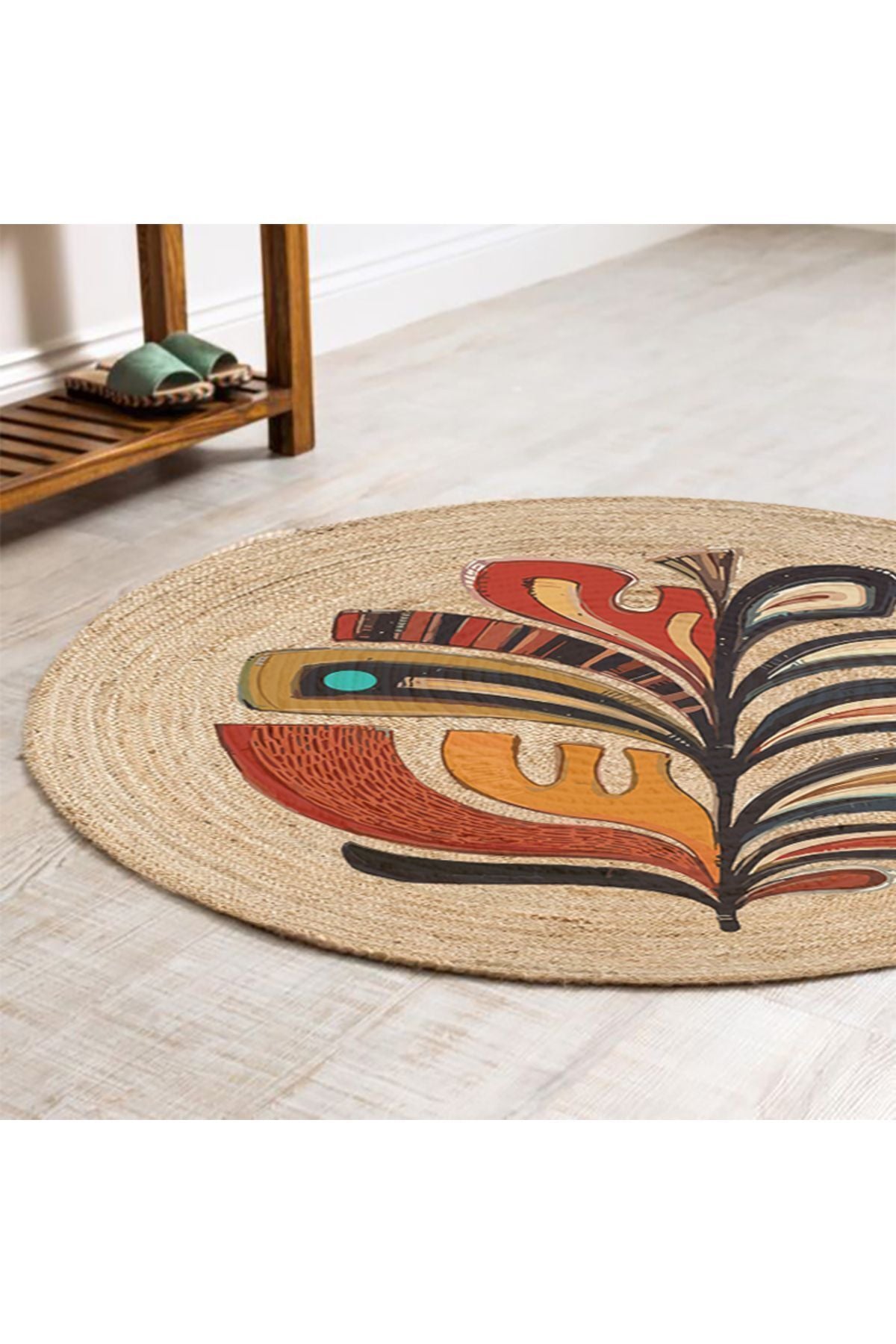 Boho 953 Multy Yaprak Desenli Jüt Rengi Örgü Yuvarlak Natural Çift Taraflı Halı