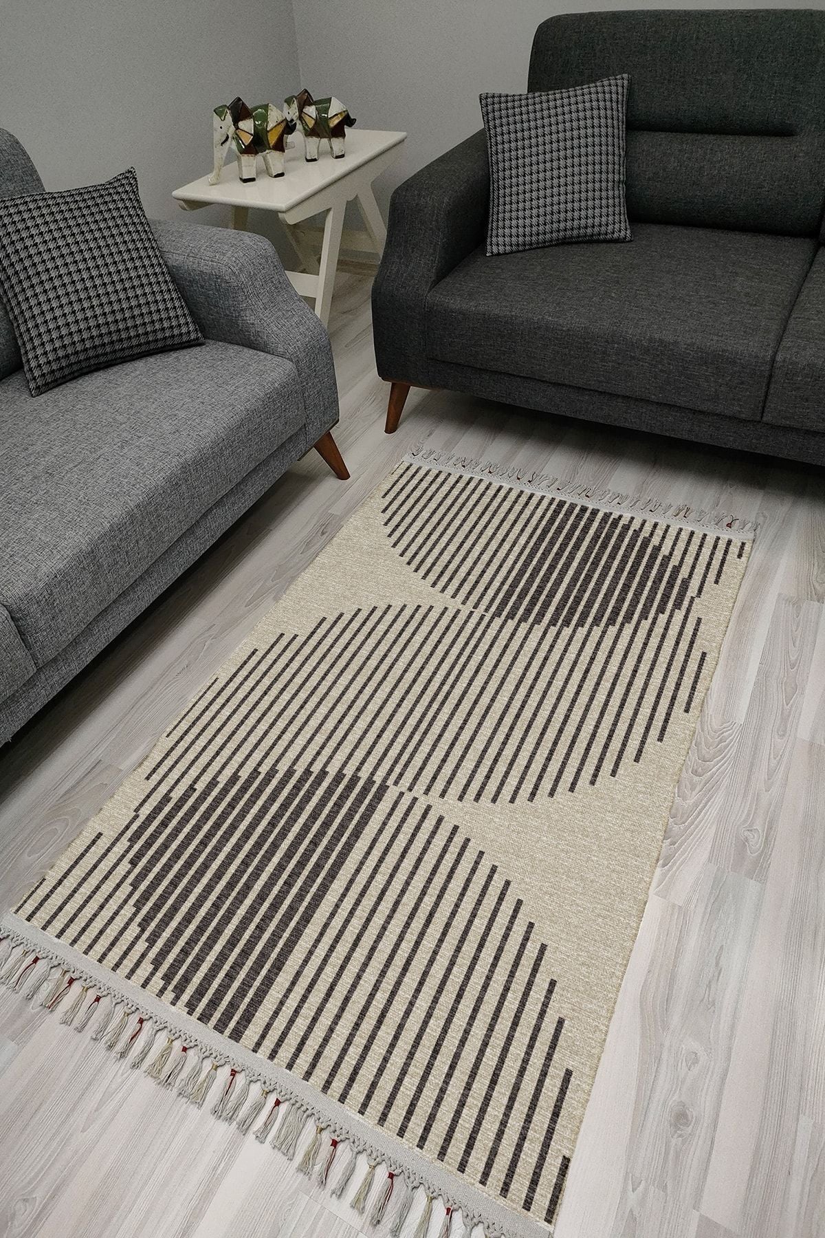 Cotton Serisi Gri Tonlarında Dairesel Düz Çizgili Etnik Desen Dekoratif Dokuma Taban Kilim