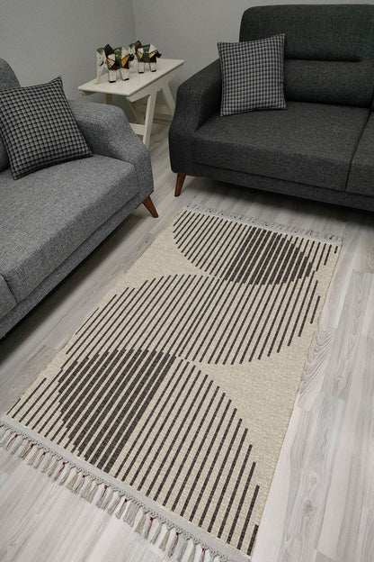 Cotton Serisi Gri Tonlarında Dairesel Düz Çizgili Etnik Desen Dekoratif Dokuma Taban Kilim