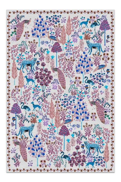 Halı Vagonu 189 Pembe Fuşya Bej Botanik Tema Modern Dokuma Taban Halı