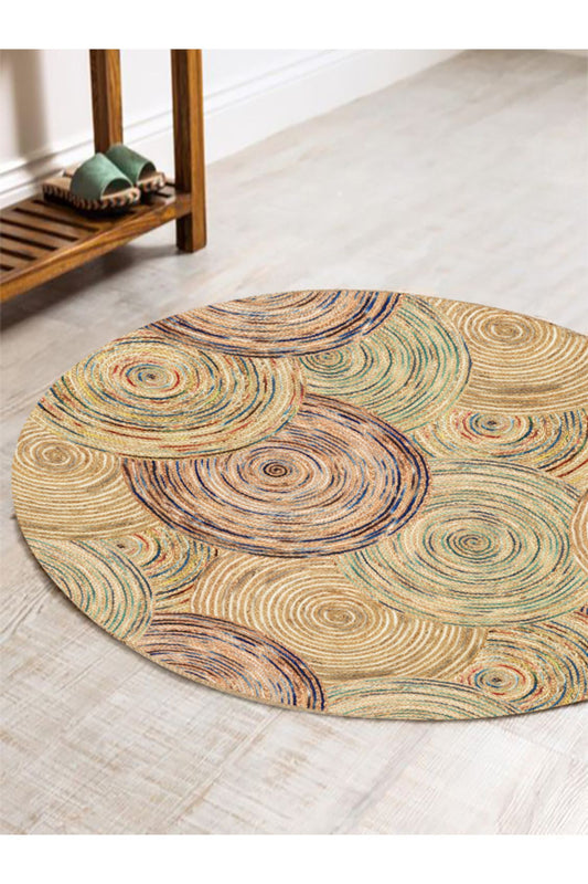 Boho 926 Jut Etnik Renkli Desenli Örgü Yuvarlak Natural Çift Taraflı Halı