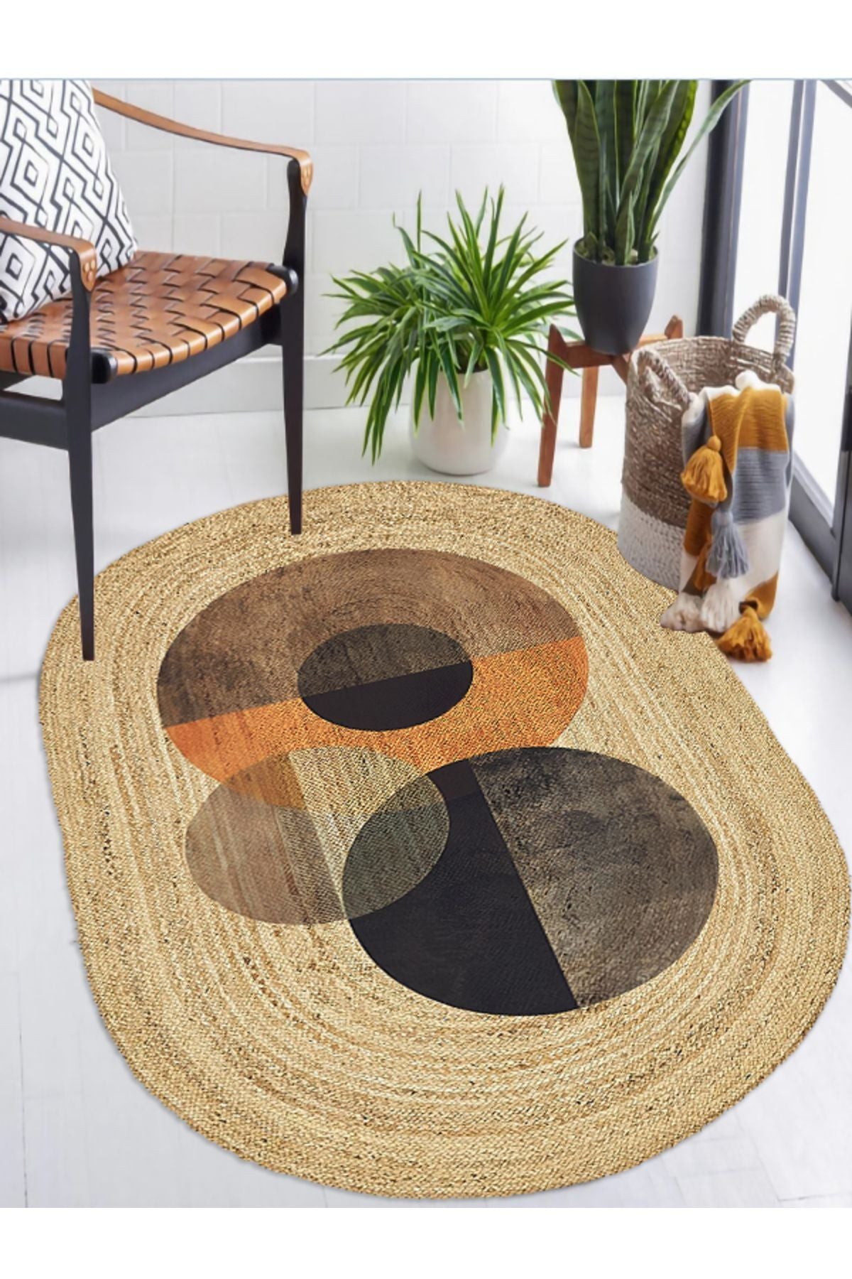 Boho 986 Oval Siyah Etnik Desenli Jüt Rengi Örgü Yuvarlak Natural Çift Taraflı Halı