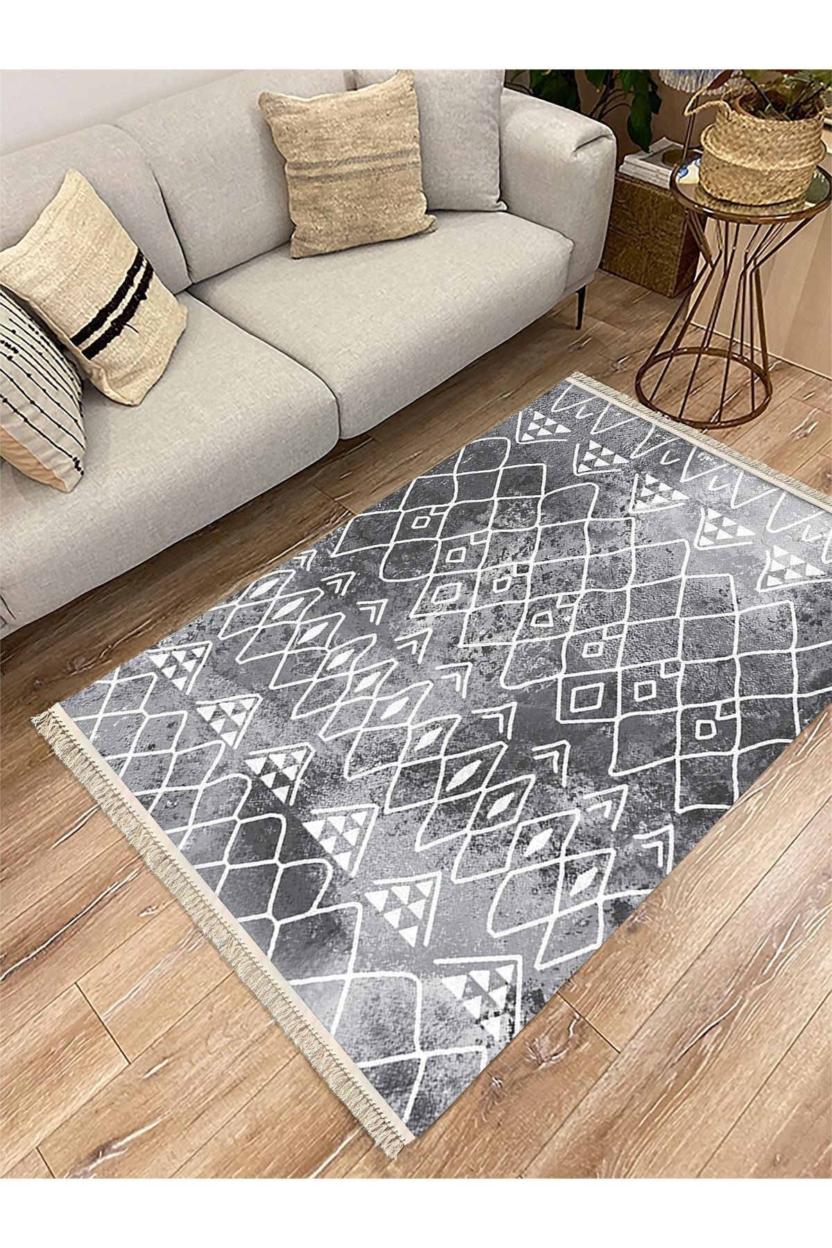 Cotton Serisi Gri Tonlarında Iskandinav Desen Dekoratif Dokuma Taban Kilim