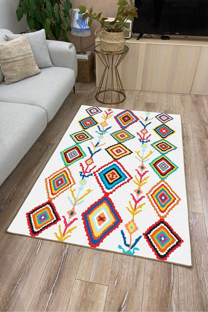 Halı Vagonu 1014 Kren Zemin Üzerine Multy Tonlarında Baklava Motifli Dekoratif Kaymaz Taban Halı