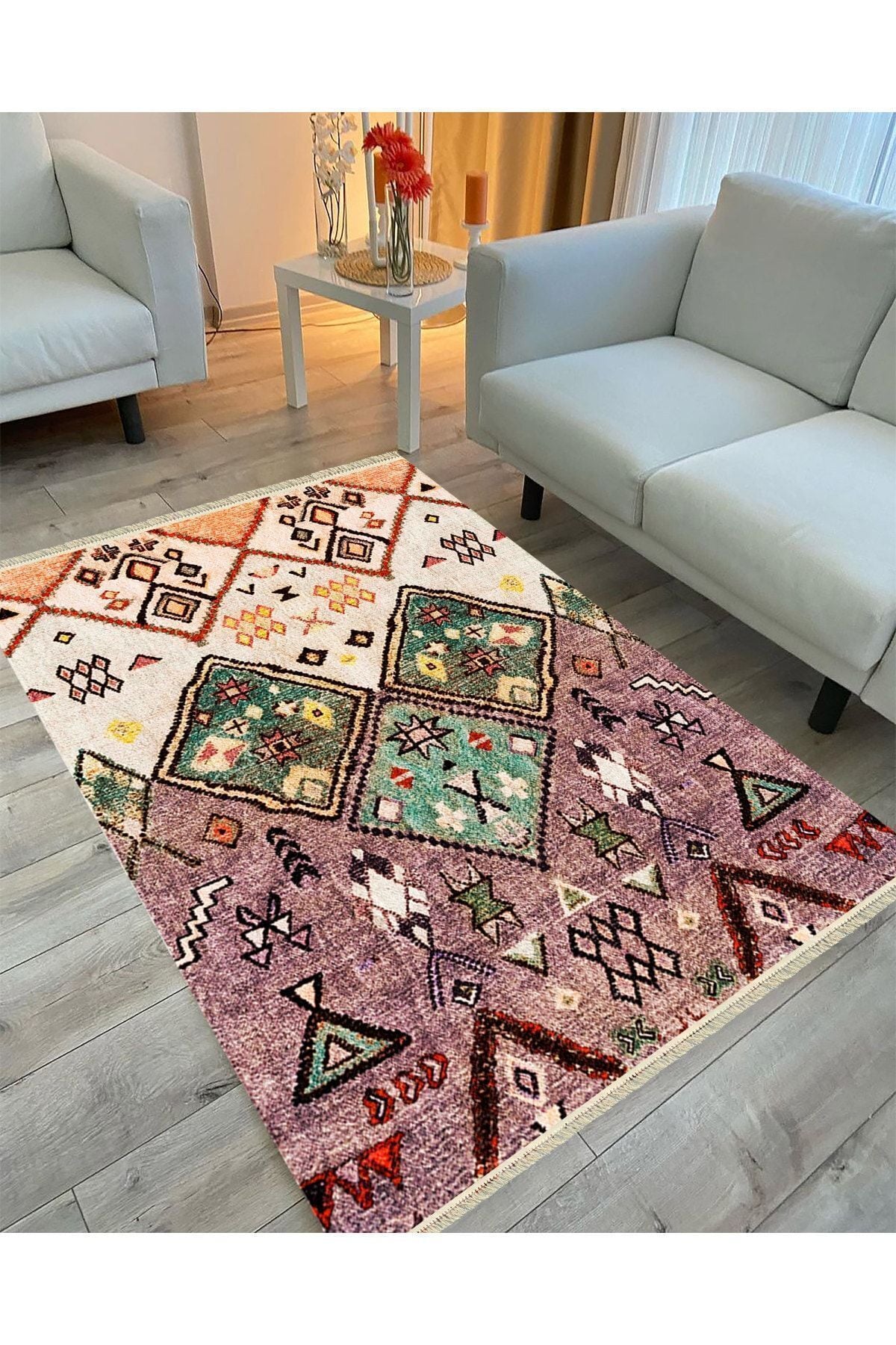 Cotton Serisi Eski Çağ Motifli Baklava Eskitme Otantik Desen Dekoratif Dokuma Taban Kilim