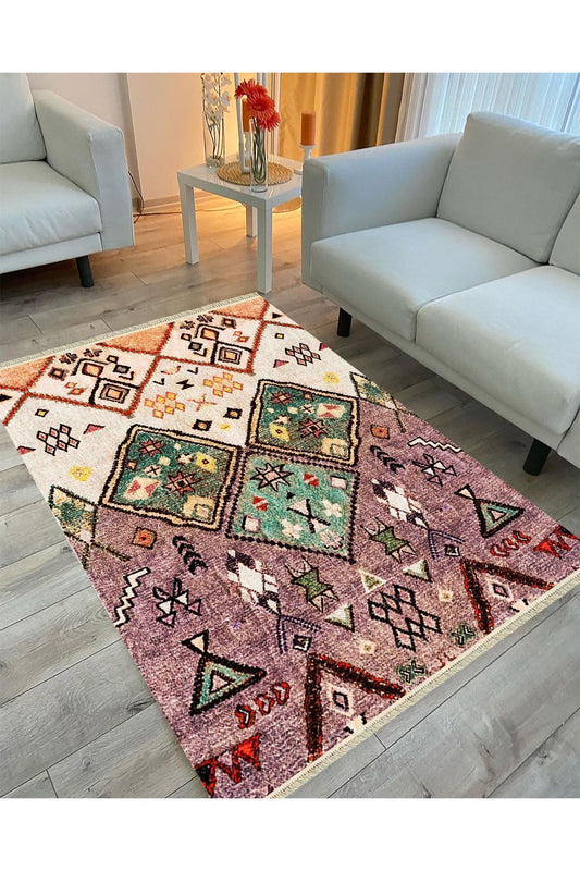 Cotton Serisi Eski Çağ Motifli Baklava Eskitme Otantik Desen Dekoratif Dokuma Taban Kilim