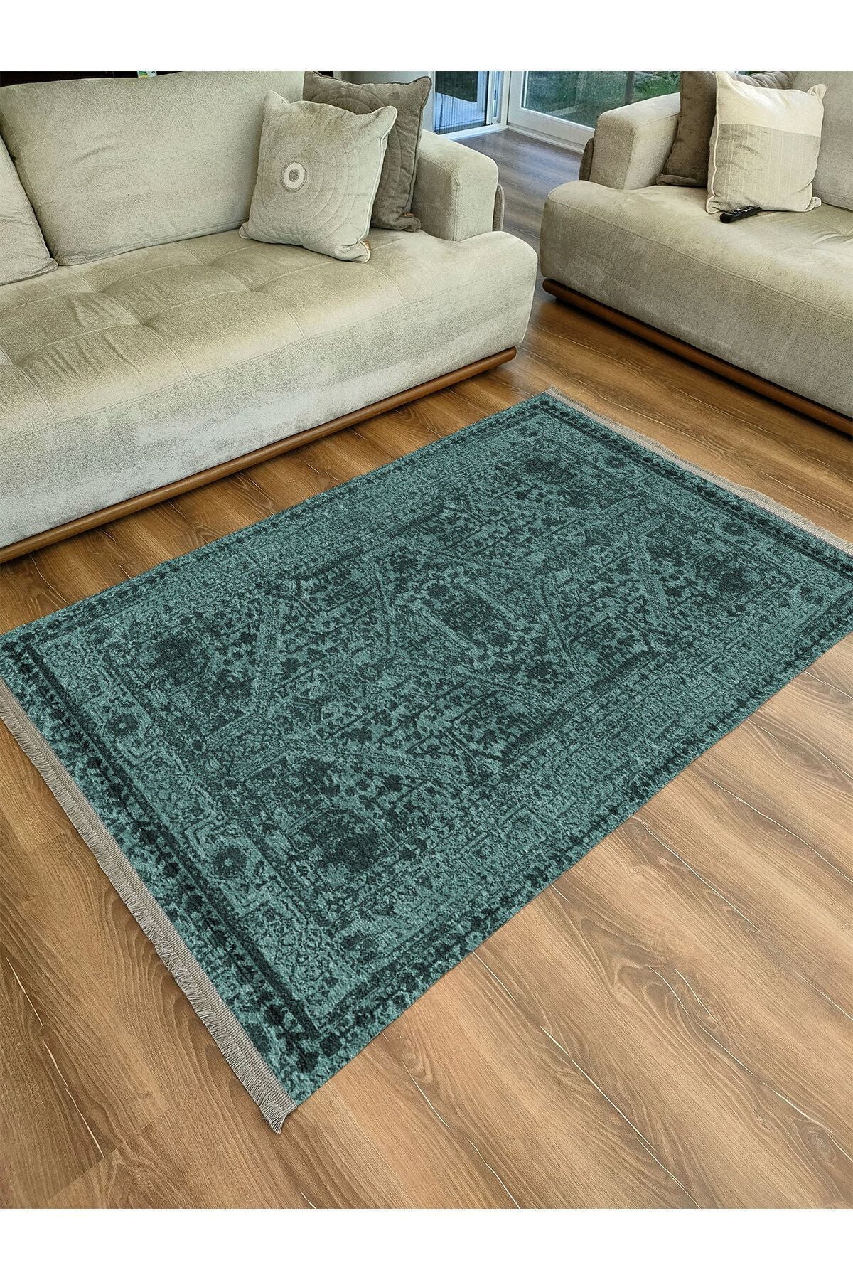 Halı Vagonu Serisi Su Yeşili Etnik Otantik Eskitme Desen Kaymaz Taban Şönil Halı