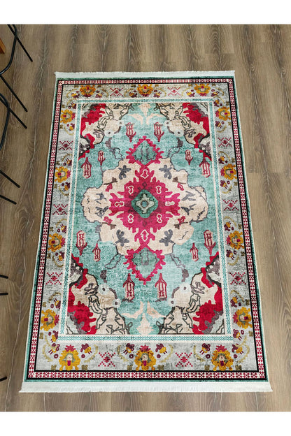 Halı VagonuTurkuaz ve Kırmızı Desenli Vintage Halı - Geleneksel ve Modern Tarz 2142