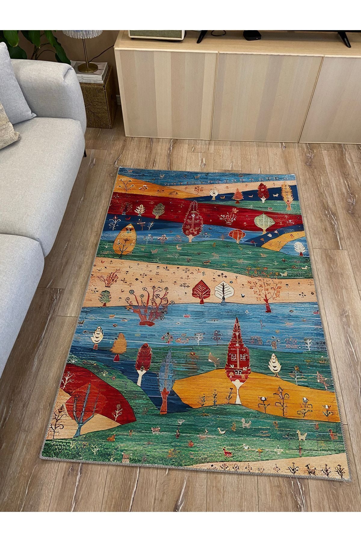 Halı Vagonu 77 Renklı Manzara Temalı Dekoratif Salon Halısı Saçaklı Yıkanabilen Halı