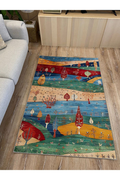 Halı Vagonu 77 Renklı Manzara Temalı Dekoratif Salon Halısı Saçaklı Yıkanabilen Halı
