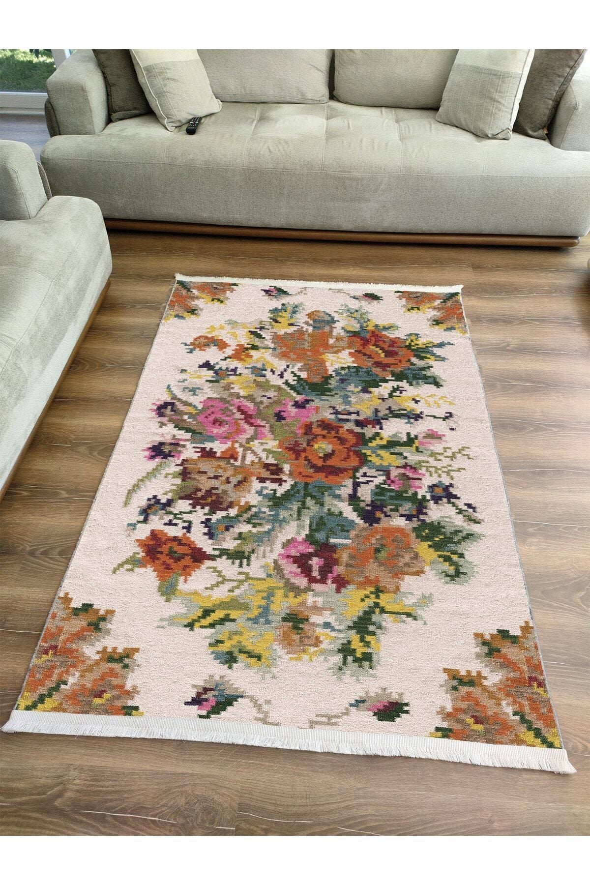 Halı Vagonu Serisi Multy Tonlarında Eskitme Çiçek Desen Kaymaz Taban Şönil Halı