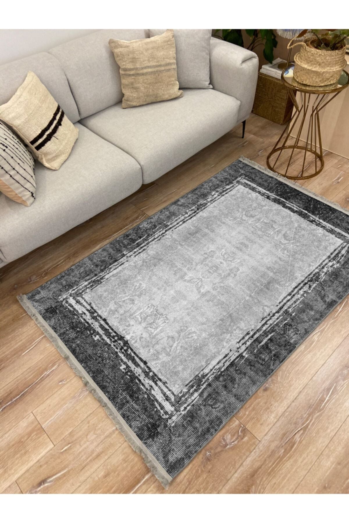 Halı Vagonu 2003 Gri Tonunda Bordürlü Desen Kaymaz Taban Dekoratif Halı