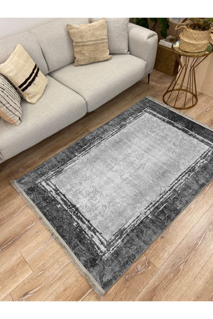 Halı Vagonu 2003 Gri Tonunda Bordürlü Desen Kaymaz Taban Dekoratif Halı