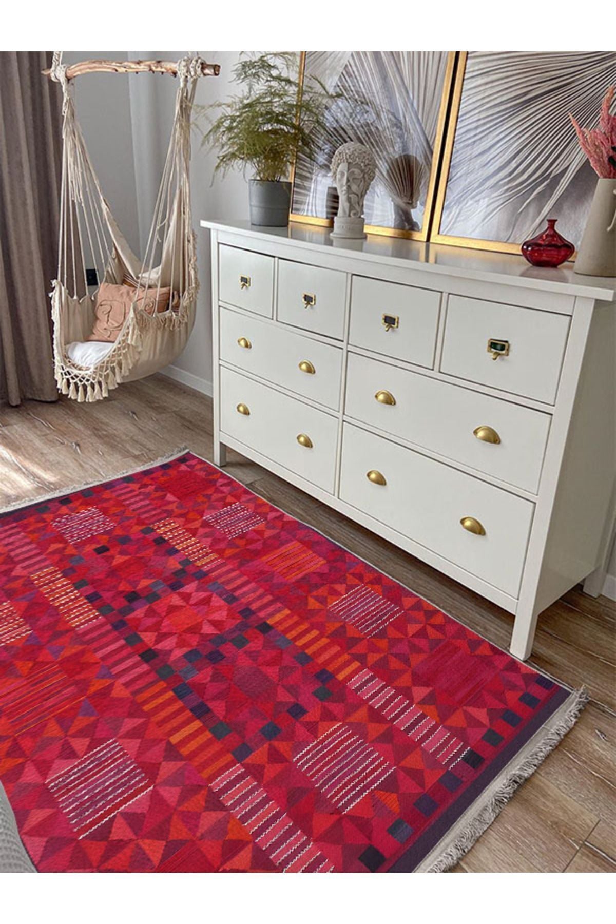 Halı Vagonu 119 Etnik Otantik Kırmızı Tonda Dekoratif Salon Halısı Saçaklı Yıkanabilen Halı